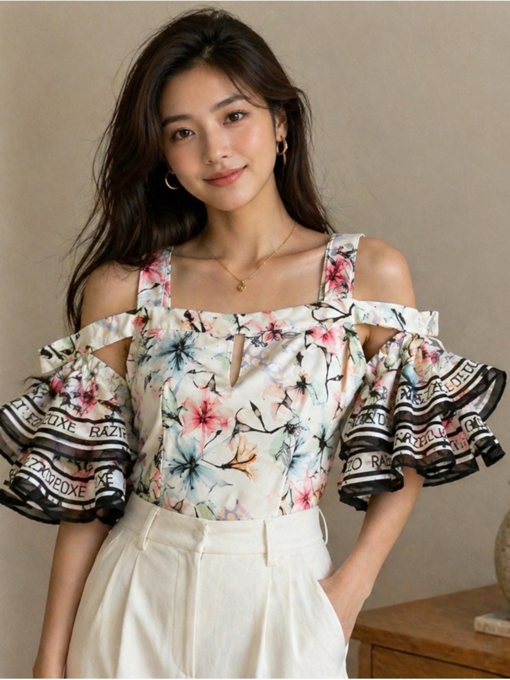 Razzo Deluxe  Off-Shoulder Ruffle Sleeve Crop Top Size-38 Romantic Femme